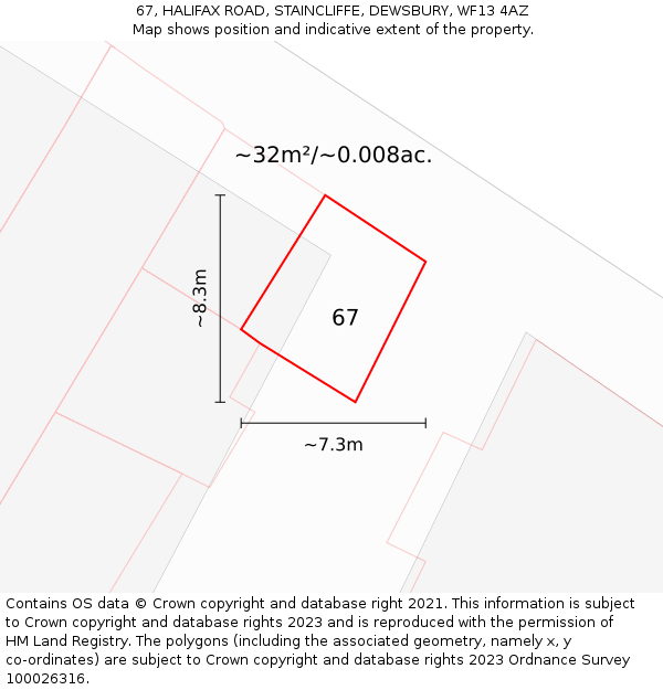 67, HALIFAX ROAD, STAINCLIFFE, DEWSBURY, WF13 4AZ: Plot and title map