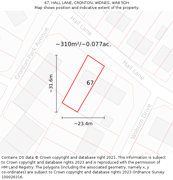 67, HALL LANE, CRONTON, WIDNES, WA8 5DH: Plot and title map