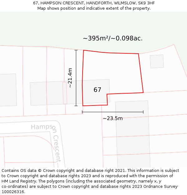67, HAMPSON CRESCENT, HANDFORTH, WILMSLOW, SK9 3HF: Plot and title map