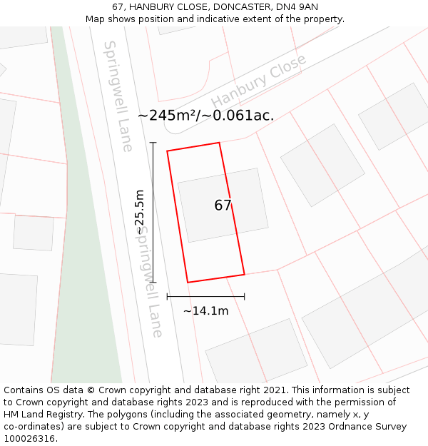 67, HANBURY CLOSE, DONCASTER, DN4 9AN: Plot and title map