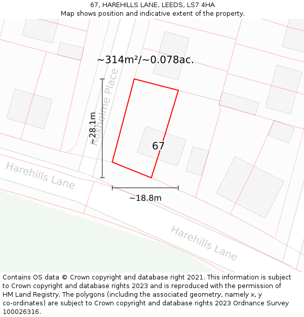 67, HAREHILLS LANE, LEEDS, LS7 4HA: Plot and title map