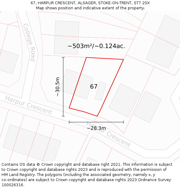 67, HARPUR CRESCENT, ALSAGER, STOKE-ON-TRENT, ST7 2SX: Plot and title map