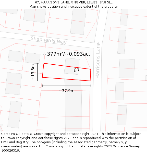 67, HARRISONS LANE, RINGMER, LEWES, BN8 5LL: Plot and title map