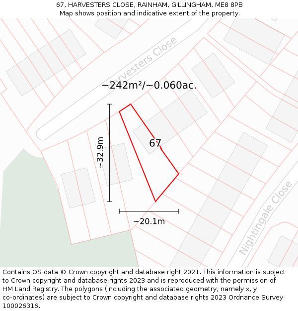 67, HARVESTERS CLOSE, RAINHAM, GILLINGHAM, ME8 8PB: Plot and title map