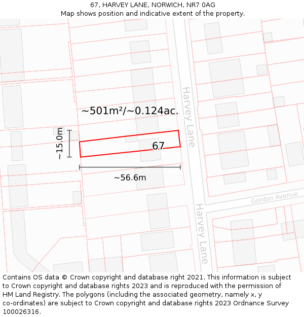 67, HARVEY LANE, NORWICH, NR7 0AG: Plot and title map