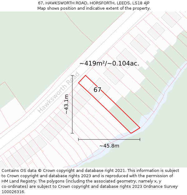 67, HAWKSWORTH ROAD, HORSFORTH, LEEDS, LS18 4JP: Plot and title map