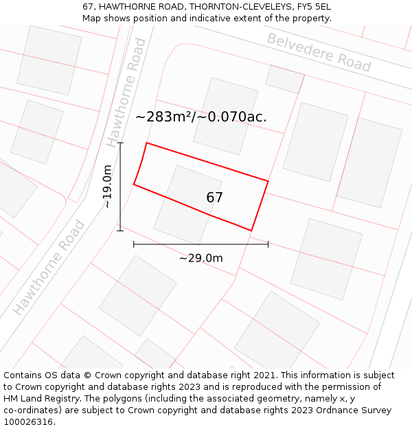 67, HAWTHORNE ROAD, THORNTON-CLEVELEYS, FY5 5EL: Plot and title map