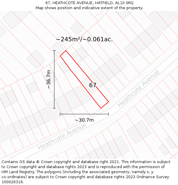 67, HEATHCOTE AVENUE, HATFIELD, AL10 0RQ: Plot and title map