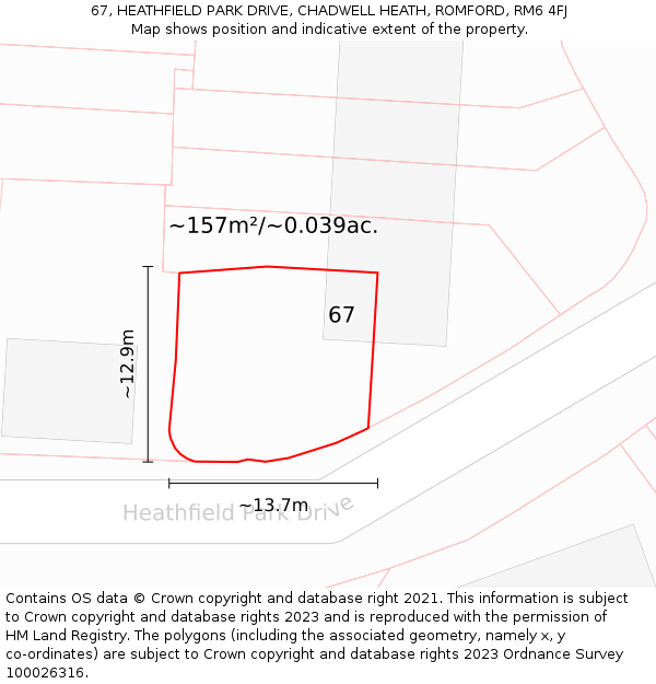 67, HEATHFIELD PARK DRIVE, CHADWELL HEATH, ROMFORD, RM6 4FJ: Plot and title map