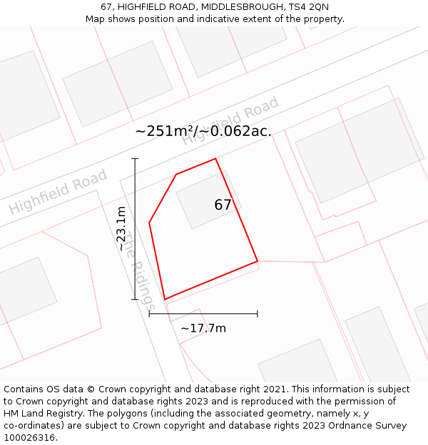 67, HIGHFIELD ROAD, MIDDLESBROUGH, TS4 2QN: Plot and title map