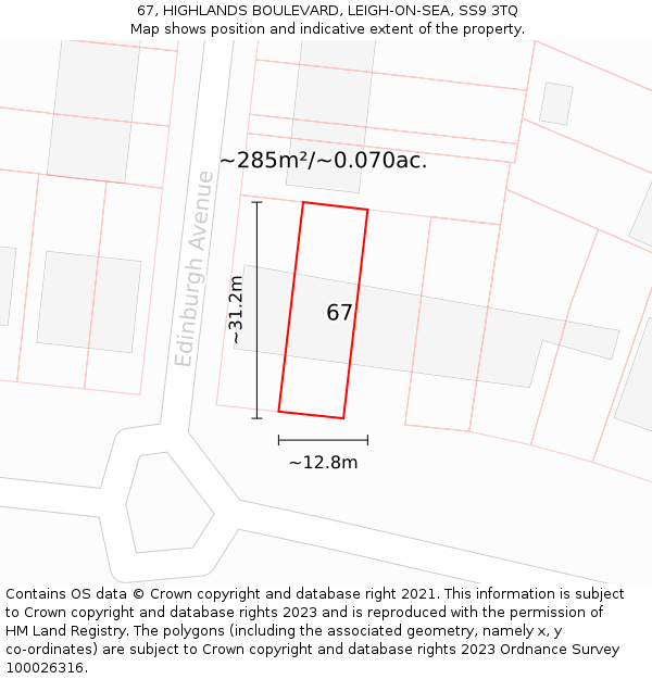 67, HIGHLANDS BOULEVARD, LEIGH-ON-SEA, SS9 3TQ: Plot and title map