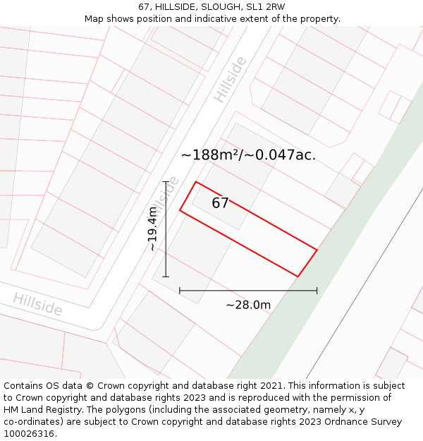 67, HILLSIDE, SLOUGH, SL1 2RW: Plot and title map