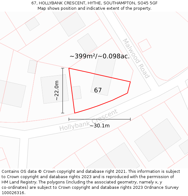 67, HOLLYBANK CRESCENT, HYTHE, SOUTHAMPTON, SO45 5GF: Plot and title map