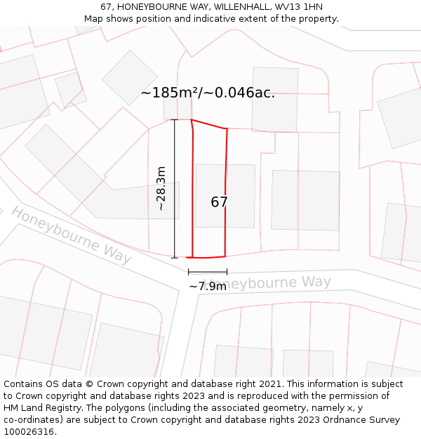 67, HONEYBOURNE WAY, WILLENHALL, WV13 1HN: Plot and title map