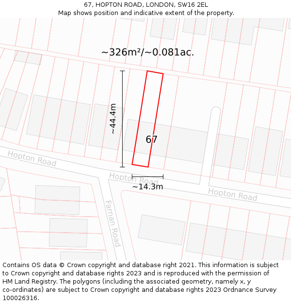 67, HOPTON ROAD, LONDON, SW16 2EL: Plot and title map