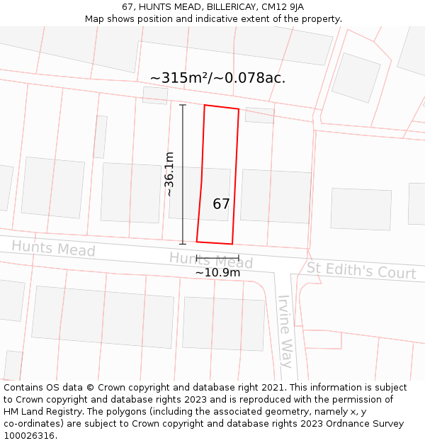 67, HUNTS MEAD, BILLERICAY, CM12 9JA: Plot and title map