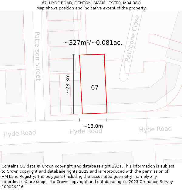 67, HYDE ROAD, DENTON, MANCHESTER, M34 3AQ: Plot and title map