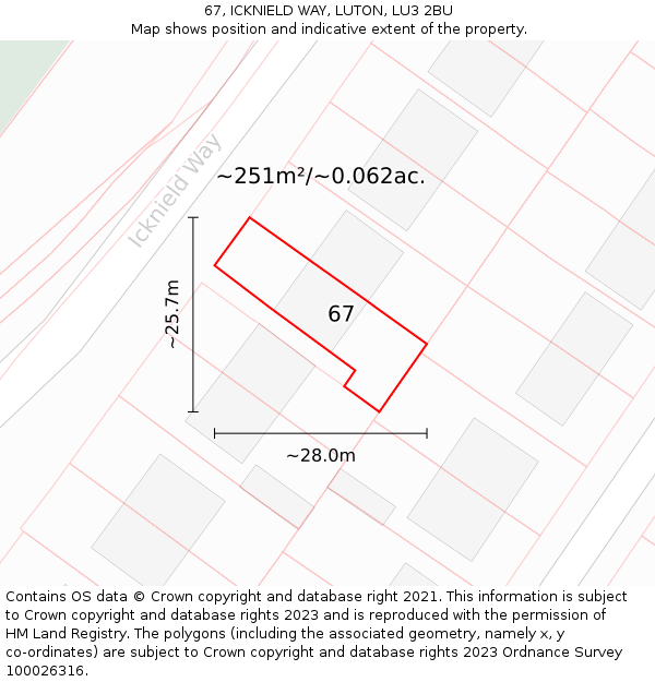 67, ICKNIELD WAY, LUTON, LU3 2BU: Plot and title map
