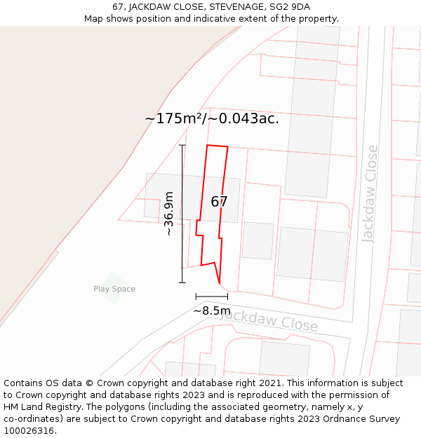 67, JACKDAW CLOSE, STEVENAGE, SG2 9DA: Plot and title map