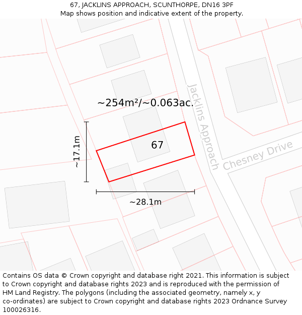 67, JACKLINS APPROACH, SCUNTHORPE, DN16 3PF: Plot and title map