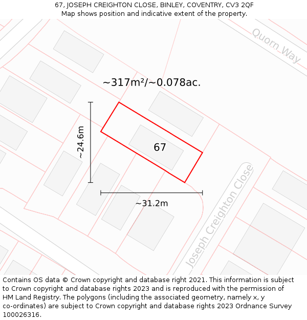 67, JOSEPH CREIGHTON CLOSE, BINLEY, COVENTRY, CV3 2QF: Plot and title map
