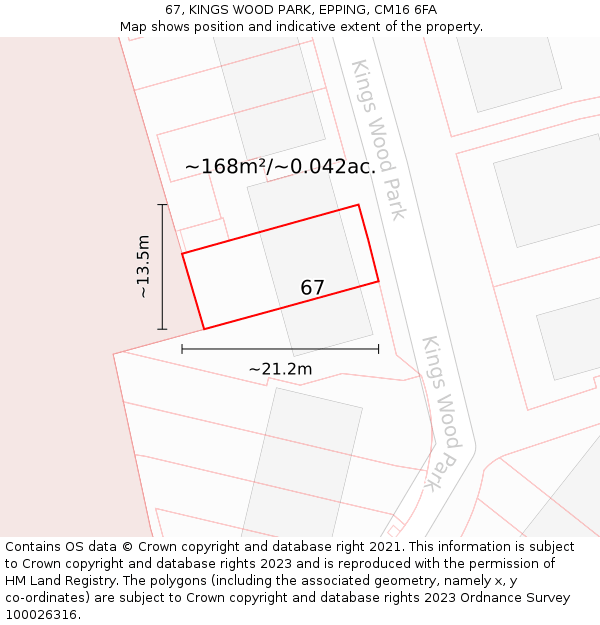 67, KINGS WOOD PARK, EPPING, CM16 6FA: Plot and title map