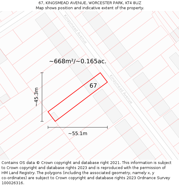 67, KINGSMEAD AVENUE, WORCESTER PARK, KT4 8UZ: Plot and title map