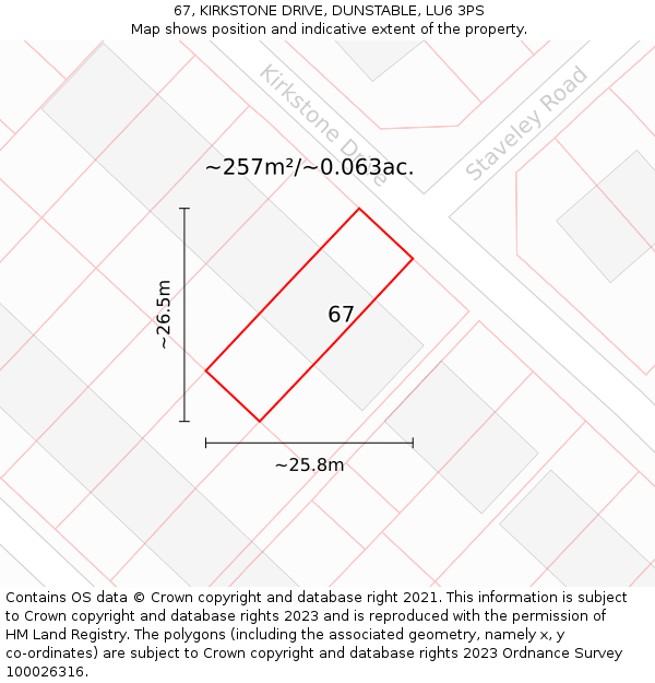 67, KIRKSTONE DRIVE, DUNSTABLE, LU6 3PS: Plot and title map