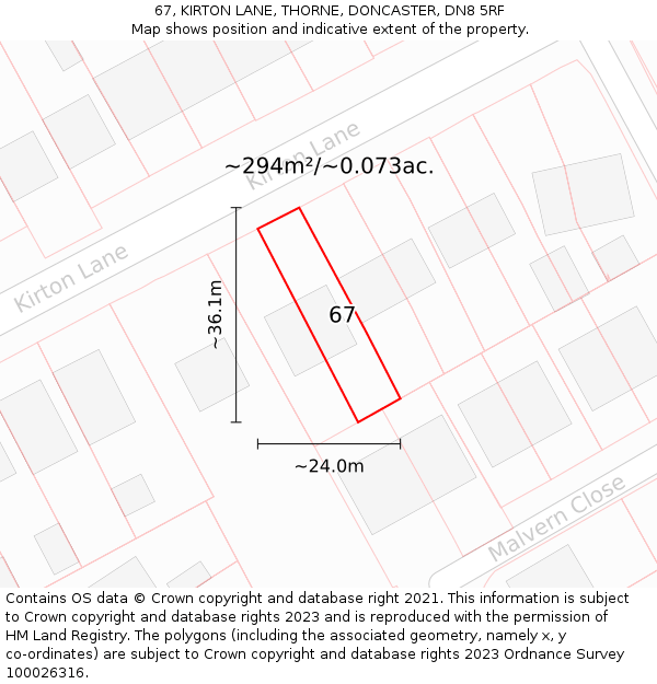 67, KIRTON LANE, THORNE, DONCASTER, DN8 5RF: Plot and title map