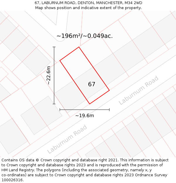 67, LABURNUM ROAD, DENTON, MANCHESTER, M34 2WD: Plot and title map