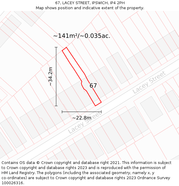 67, LACEY STREET, IPSWICH, IP4 2PH: Plot and title map
