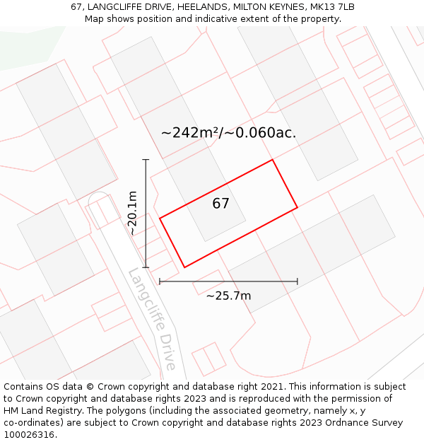 67, LANGCLIFFE DRIVE, HEELANDS, MILTON KEYNES, MK13 7LB: Plot and title map