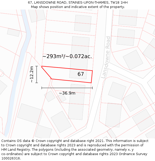 67, LANSDOWNE ROAD, STAINES-UPON-THAMES, TW18 1HH: Plot and title map