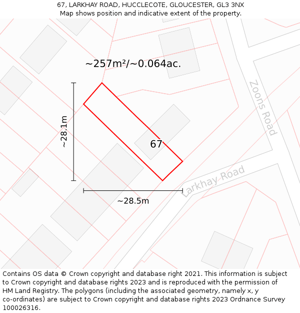 67, LARKHAY ROAD, HUCCLECOTE, GLOUCESTER, GL3 3NX: Plot and title map