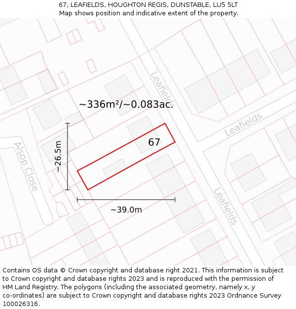 67, LEAFIELDS, HOUGHTON REGIS, DUNSTABLE, LU5 5LT: Plot and title map