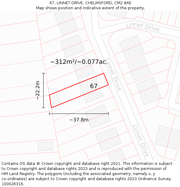 67, LINNET DRIVE, CHELMSFORD, CM2 8AE: Plot and title map