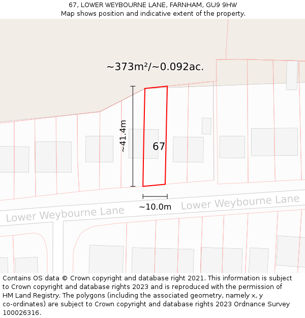 67, LOWER WEYBOURNE LANE, FARNHAM, GU9 9HW: Plot and title map