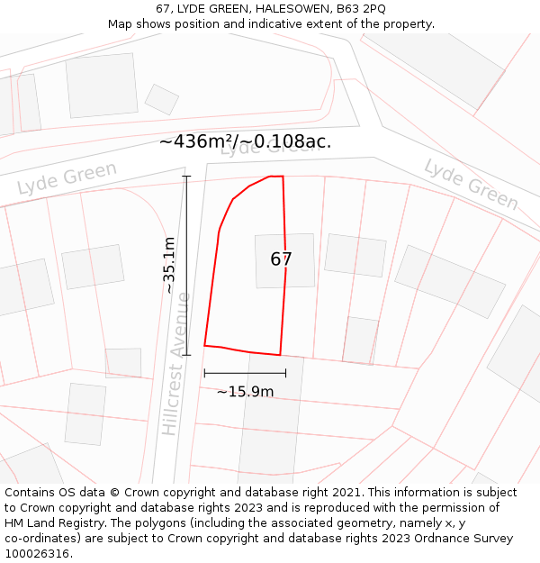 67, LYDE GREEN, HALESOWEN, B63 2PQ: Plot and title map