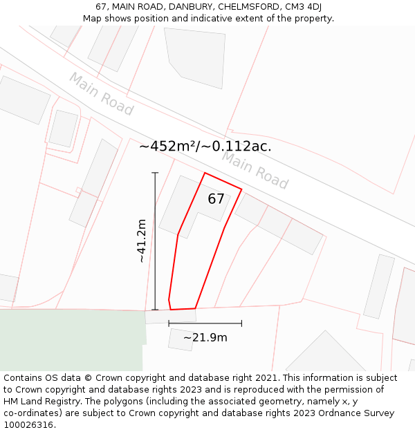 67, MAIN ROAD, DANBURY, CHELMSFORD, CM3 4DJ: Plot and title map