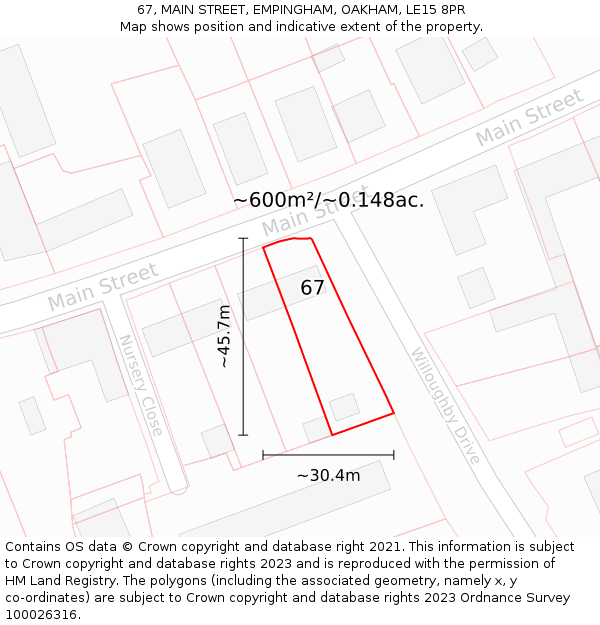 67, MAIN STREET, EMPINGHAM, OAKHAM, LE15 8PR: Plot and title map