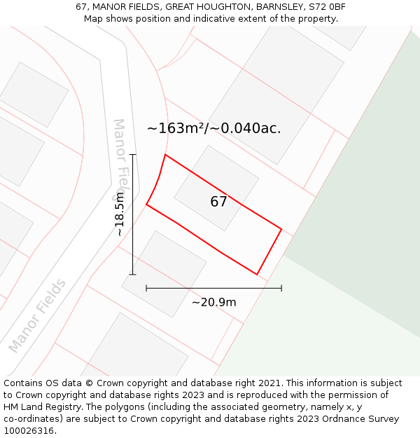 67, MANOR FIELDS, GREAT HOUGHTON, BARNSLEY, S72 0BF: Plot and title map