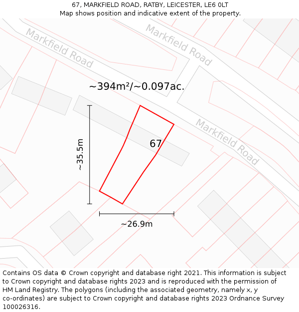 67, MARKFIELD ROAD, RATBY, LEICESTER, LE6 0LT: Plot and title map