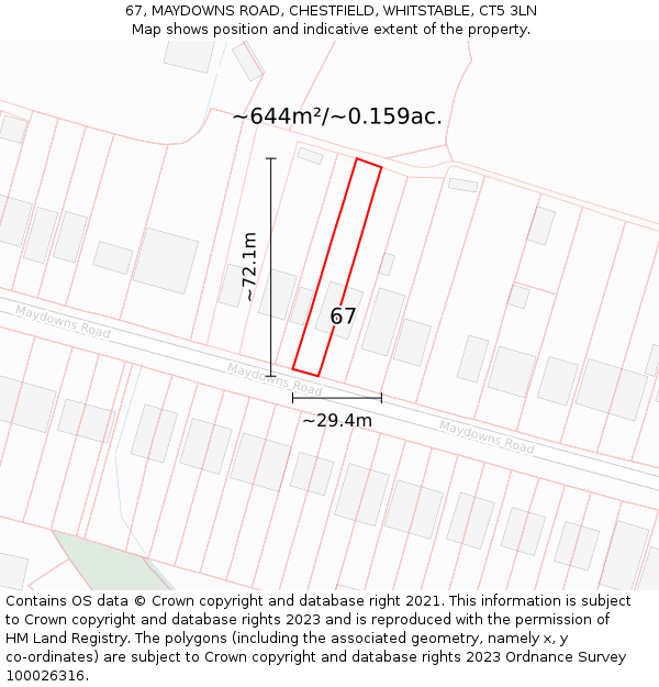 67, MAYDOWNS ROAD, CHESTFIELD, WHITSTABLE, CT5 3LN: Plot and title map
