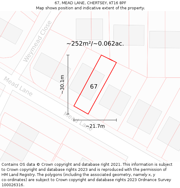67, MEAD LANE, CHERTSEY, KT16 8PF: Plot and title map