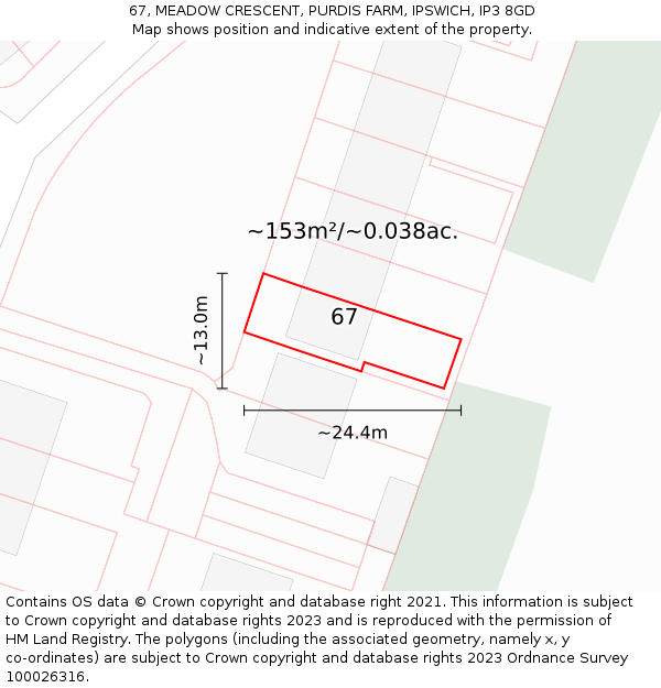 67, MEADOW CRESCENT, PURDIS FARM, IPSWICH, IP3 8GD: Plot and title map