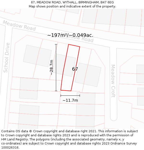67, MEADOW ROAD, WYTHALL, BIRMINGHAM, B47 6EG: Plot and title map