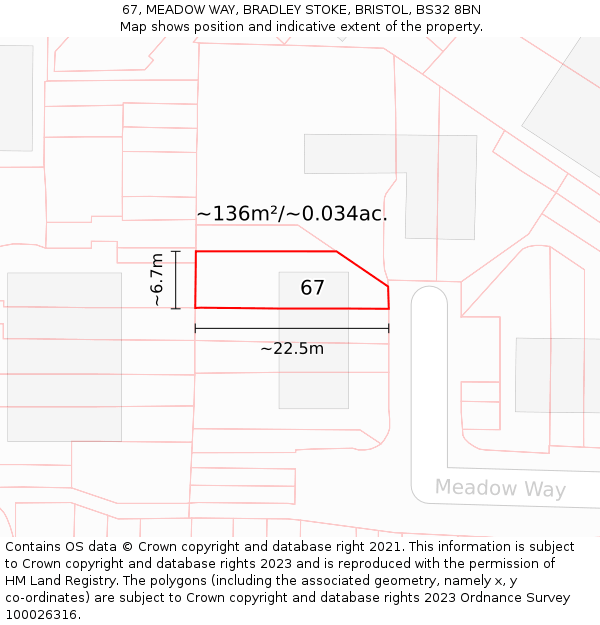 67, MEADOW WAY, BRADLEY STOKE, BRISTOL, BS32 8BN: Plot and title map