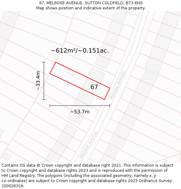 67, MELROSE AVENUE, SUTTON COLDFIELD, B73 6NS: Plot and title map
