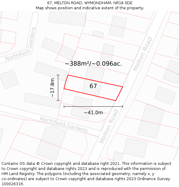 67, MELTON ROAD, WYMONDHAM, NR18 0DE: Plot and title map