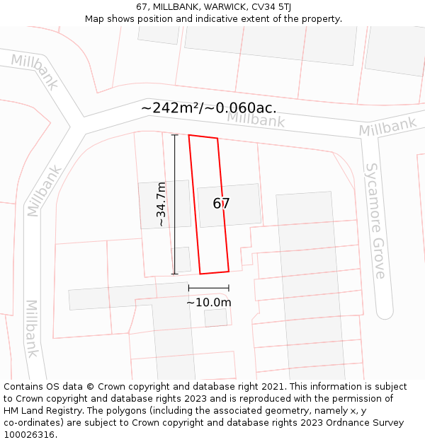67, MILLBANK, WARWICK, CV34 5TJ: Plot and title map